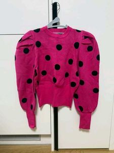 Woolen Pink Polka Dot Puff Sleeve Top