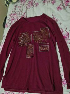 Elegant Maroon Embellished Long Sleeve Top for Wom