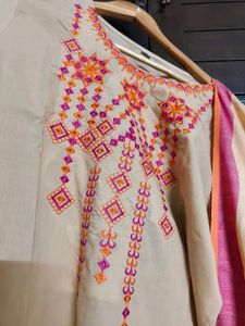 Women Beige Embroidery Khadi Cotton Suit Set