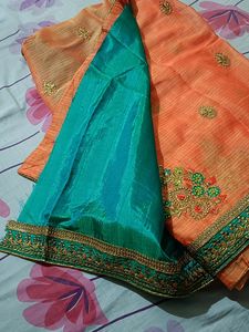 Coral Orange And Rama Green Double Shade Saree