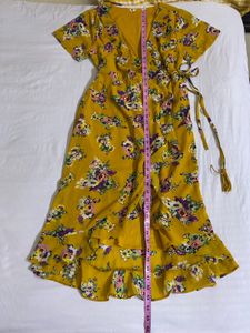 Floral Print Yellow Wrap Dress Fits S-M