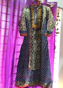 Anarkali Cotton Kurta Womens Blue Grey Combination Beautiful Anarkali Frill Kurta 500