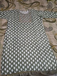 Postal Green Printed Kurti with Embroidered Neck