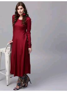 Maroon Solid Chudidaar Sleeve Frock Style Kurti