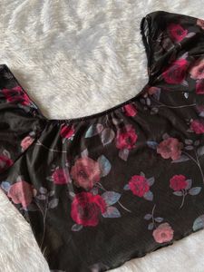 Urbanic Black Floral Printed Mesh Top
