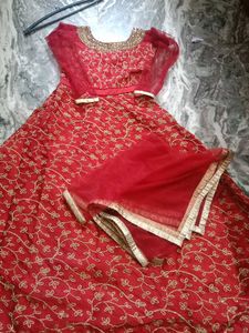 Red &amp; Gold Embroidered Anarkali