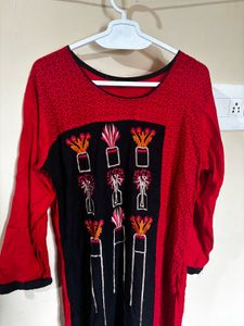 Embroidered Red Kurta - 2XL