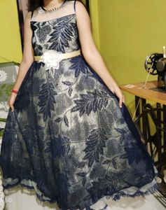 Blue Floral Illusion Neckline Dress