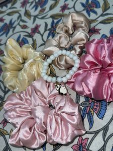 4 New Scrunchies And 1 Bracelet