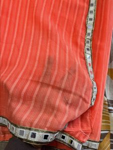 Elegant Coral Mirror Work Saree no blouse