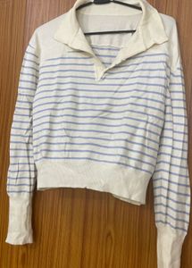 Beige Striped Semi Woolen Collered Top