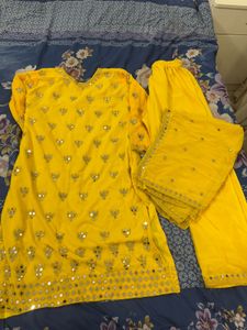 Yellow Mirror Work Kurta Pant Set