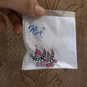 Pink Stone Crescent Earrings
