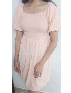 Peach Puff Sleeve Mini Dress