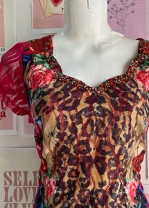 Y2K Chettah Print Kurti , Collar-full Beaded