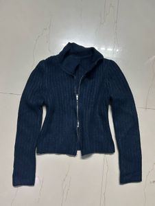Navy Zip-Up Knit Jacket