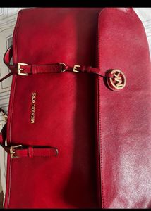💯 Authentic Michael Kors Red Leather Tote Bag