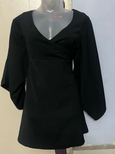 Korea Black Wrap Dress with Kimono Sleeves
