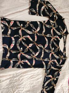 Navy Top with Unique Checkered Floral Pattern