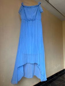 SASSAFRAS Blue Accordian Pleats Off-Shoulder Dress