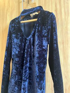 Blue Velvet Mock Neck Dress
