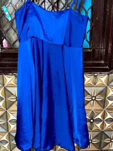 blue silk backless with tie up straps middy dress