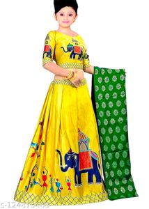 Yellow Elephant Print Lehenga Choli For 11-12 Yrs