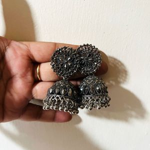Oxidized Silver Jhumka Earrings
