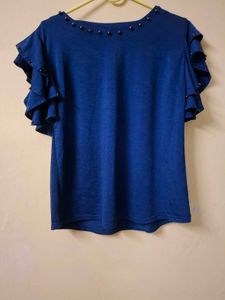 Stylish Blue Ruffle Sleeve Top