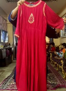A-line Full Flair Flowy Maroon Embroidered gown