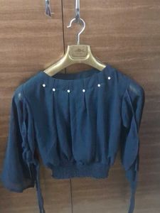 Pearl Embellished Black Crop Top