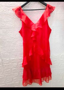 Red Dress With Frills And Deep Back
