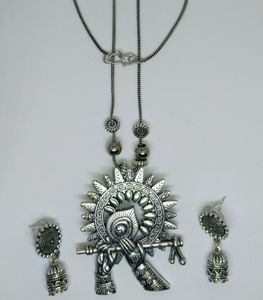 Lord krishna Flute Oxidised Necklace With Jhumki.