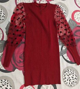 maroon Polka Dot Sleeve Dress for winter