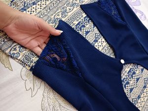 Prussian Blue Three Quarter Sleeve Embroidered Top