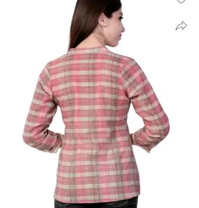 Mandarin collar Pink Checked Women Shirt