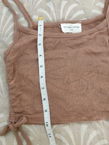 VICTORIA Brown Ribbed Tie-Side Crop Top