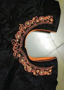 New Orange &amp; Black Embroidered Saree With Blouse