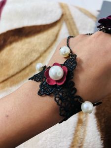 Beautiful Black Lace &amp; Pearl Bracelet