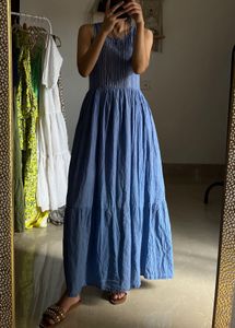 GOA PARIS Blue Linen Cotton Fit&amp;Flare MAXI