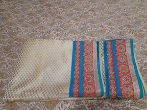 Embroidered Sari with Blue Marron Accents