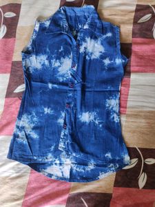Navy Blue And White Dye Half Shirt /Top