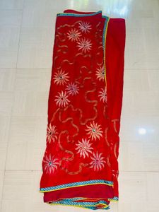 Elegant Red Embroidered Saree🔥