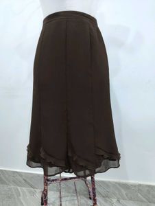 Brown Ruffle Hem Midi Skirt