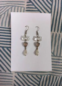 Handmade Pearl Bow Earrings with Heart and Drop