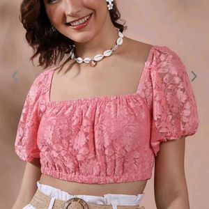 Elegant Pink Lace Puff Sleeve Crop Top🌸