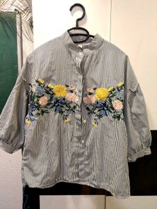 Striped Floral Embroidered Blouse