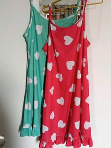 Cute Heart Print Nighty with pocket