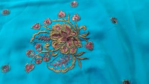 Teal Saree with Golden &amp; Pink Floral Embroidery