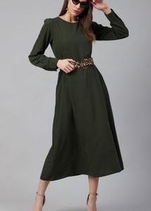 PlusS Olive Midi Dress With Puff Sleeves